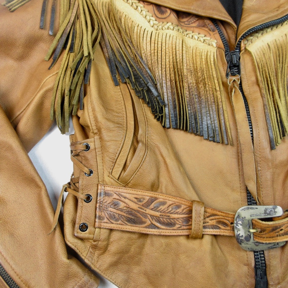 VTG 70's Leather Fringe Motorcycle Jacket Sz Small - Picture 9 of 15